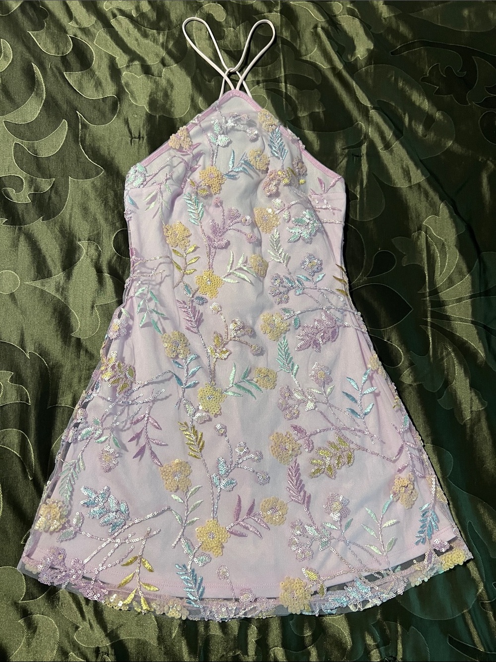 Lucy in the Sky Lilac Halter Mini Dress Multicolor Floral Embroidery Sequins XS